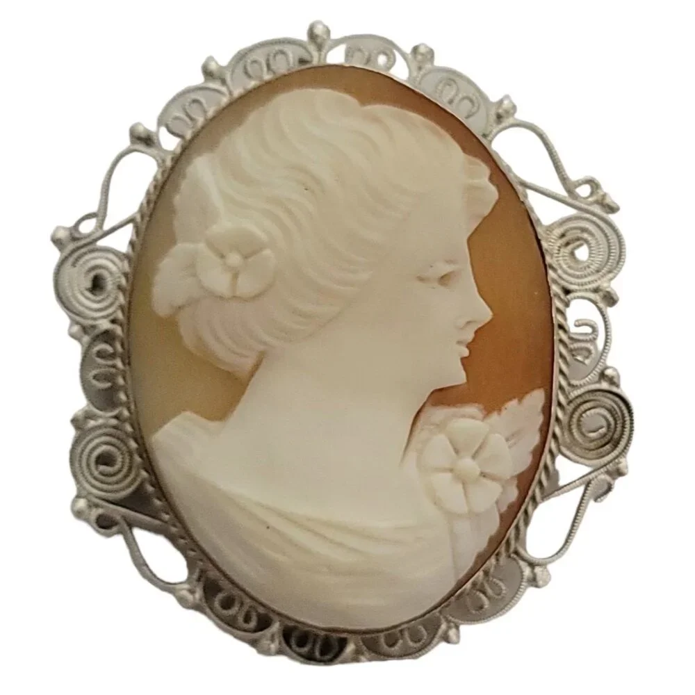800 Sterling Silver Carved Shell Cameo C-Clasp Brooch Pendant K91 - Picture 2 of 11